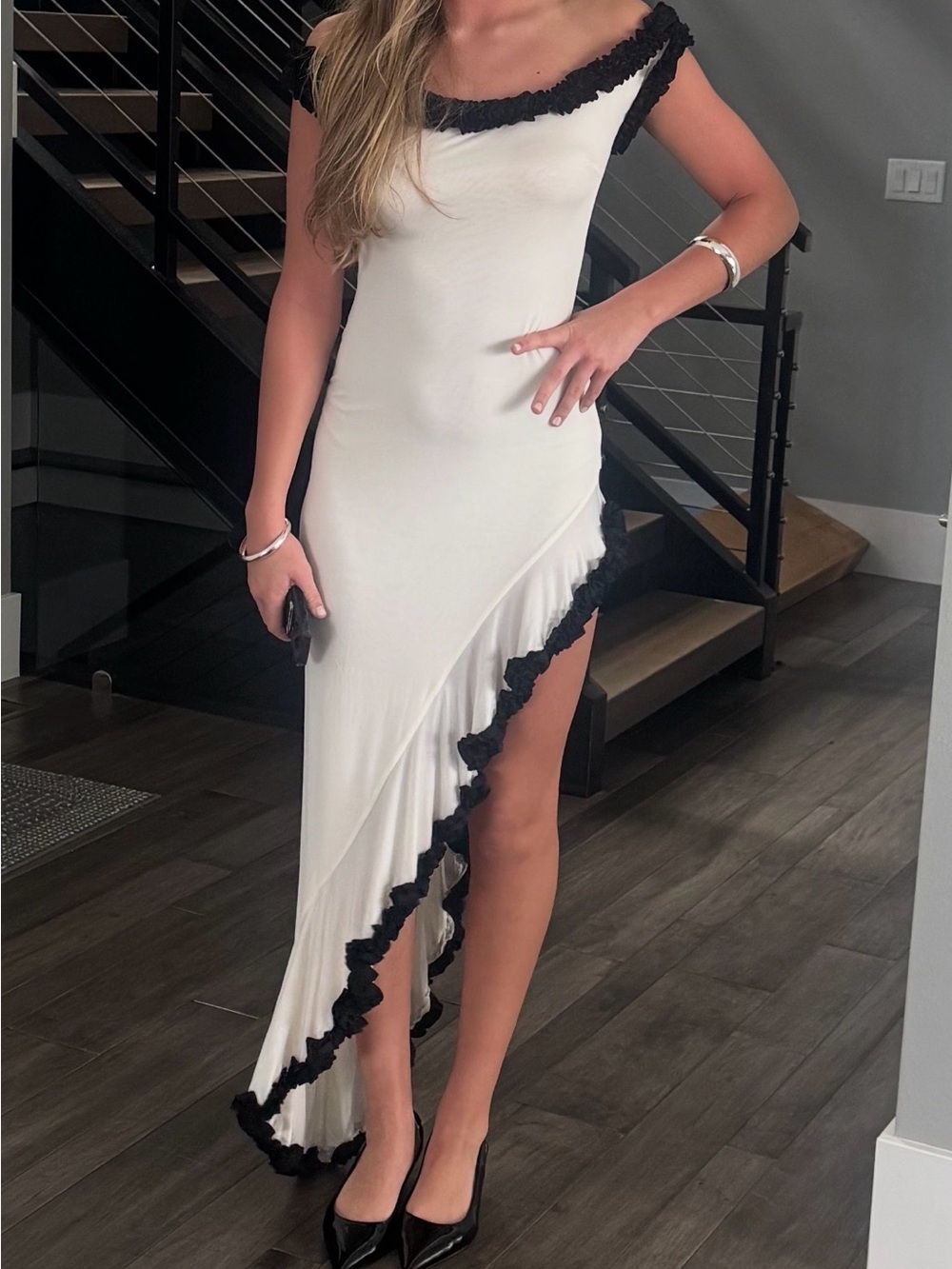 Meshki White Asymmetric High-Low Dress with Black Ruffle Trim